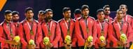 The Indian Kabaddi men's team during the medal distribution ceremony with bronze medal.